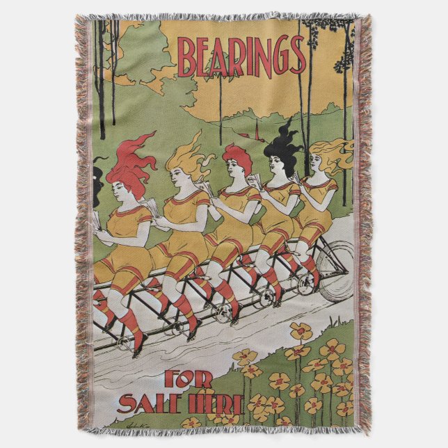 Vintage Art Nouveau, Bearings Tandem Bicycle Throw Blanket (Front Vertical)