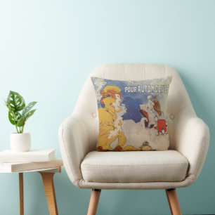 Vintage Art Nouveau, Benzo Moteur by Jules Cheret Throw Pillow