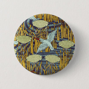 Vintage Art Nouveau Bird & Marsh Nature Pattern 2 Inch Round Button