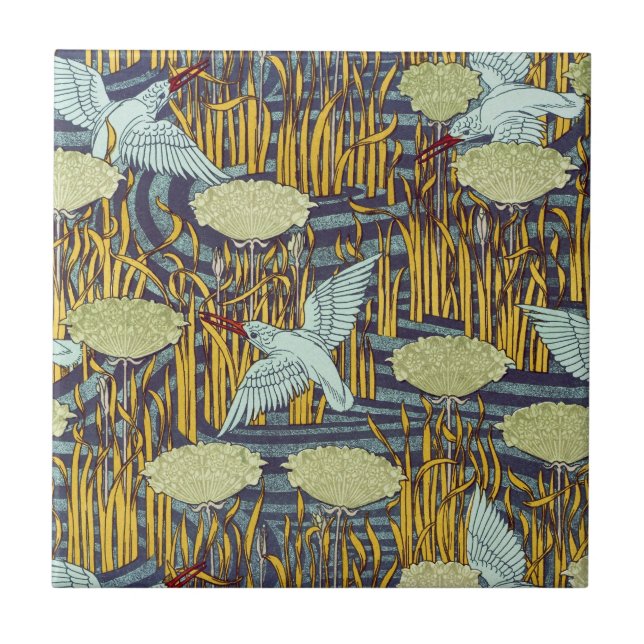 Vintage Art Nouveau Bird & Marsh Nature Pattern Tile (Front)