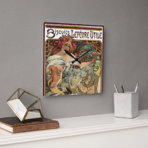 Vintage Art Nouveau, Biscuits by Alphonse Mucha Square Wall Clock
