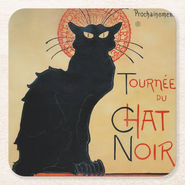 Vintage Art Nouveau Black Cat Square Paper Coaster (Front)