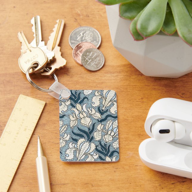 Vintage Art Nouveau, Blue Garden Iris Flowers Keychain (Desk)