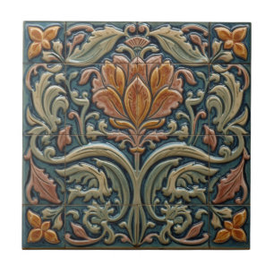 Vintage Art Nouveau blue Majolica Floral Craftsman Tile