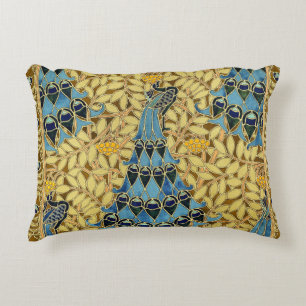 Vintage Art Nouveau Blue Peacock Floral Pattern Accent Pillow
