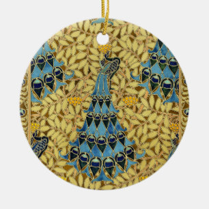 Vintage Art Nouveau Blue Peacock Floral Pattern Ceramic Ornament