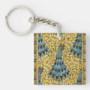 Vintage Art Nouveau Blue Peacock Floral Pattern Keychain
