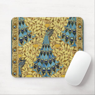 Vintage Art Nouveau Blue Peacock Floral Pattern Mouse Pad