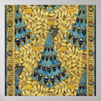Vintage Art Nouveau Blue Peacock Floral Pattern