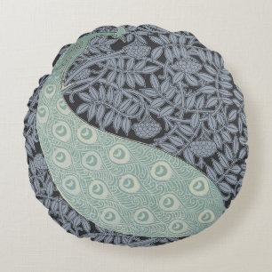 Vintage Art Nouveau Blue Peacock Print Verneuil Round Pillow