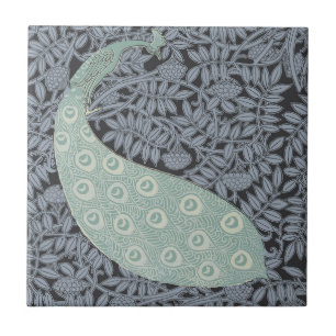 Vintage Art Nouveau Blue Peacock Print Verneuil Tile