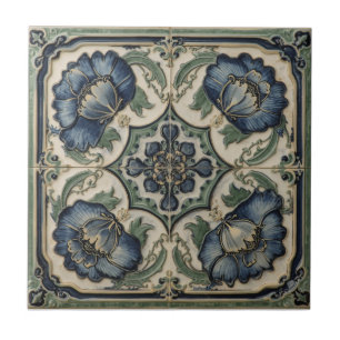 Vintage Art Nouveau  Blue Poppies  Floral  Tile