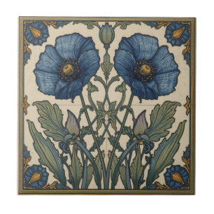 Vintage Art Nouveau  Blue Poppies  Floral  Tile
