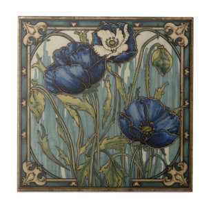 Vintage Art Nouveau  Blue Poppies  Floral  Tile