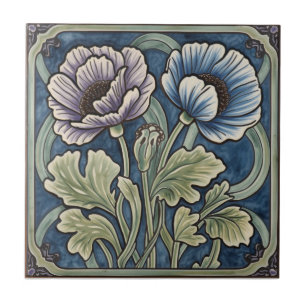 Vintage Art Nouveau Blue Poppies Floral Tile