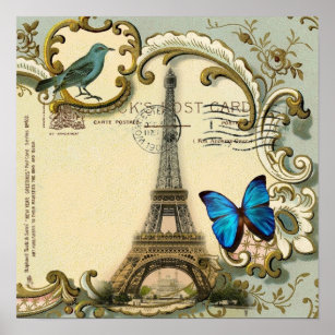 vintage art nouveau blue swirls paris eiffel tower poster