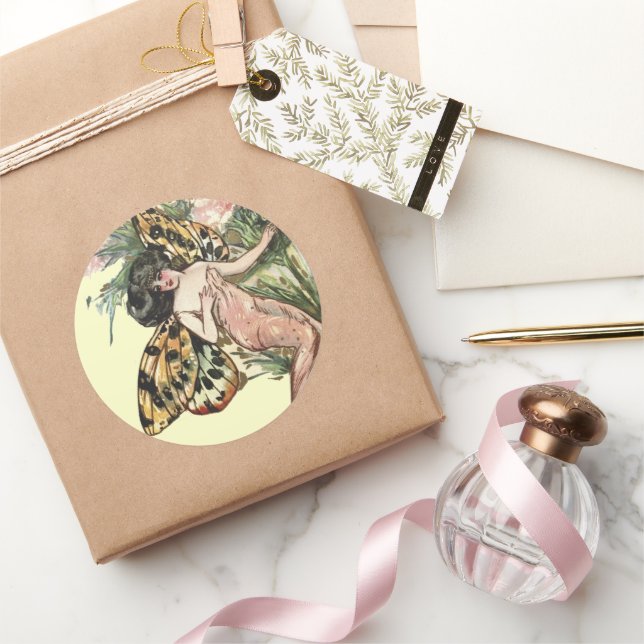 Vintage Art Nouveau Butterfly Fairy Classic Round Sticker (Gifting)