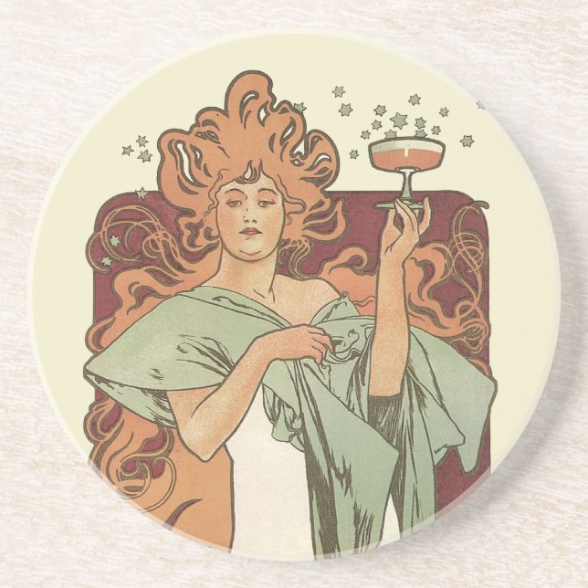 Vintage Art Nouveau by Mucha, Champagne Party Coaster (Front)