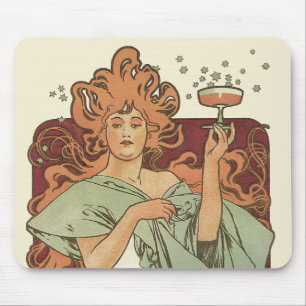 Vintage Art Nouveau by Mucha, Champagne Party Mouse Pad