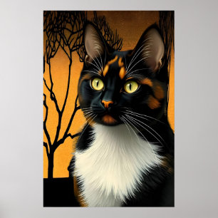 Vintage Art Nouveau Calico Cat In Golden Shade Poster