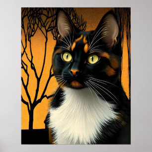 Vintage Art Nouveau Calico Cat In Golden Shade Poster