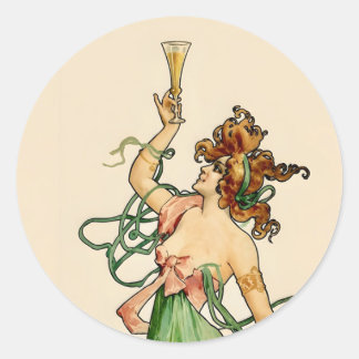 Vintage Art Nouveau Champagne Lady Illustration Classic Round Sticker
