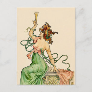 Vintage Art Nouveau Champagne Lady Illustration Postcard