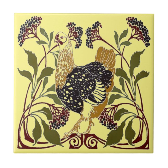 Vintage Art Nouveau Chicken & Flowers Ceramic Tile (Front)