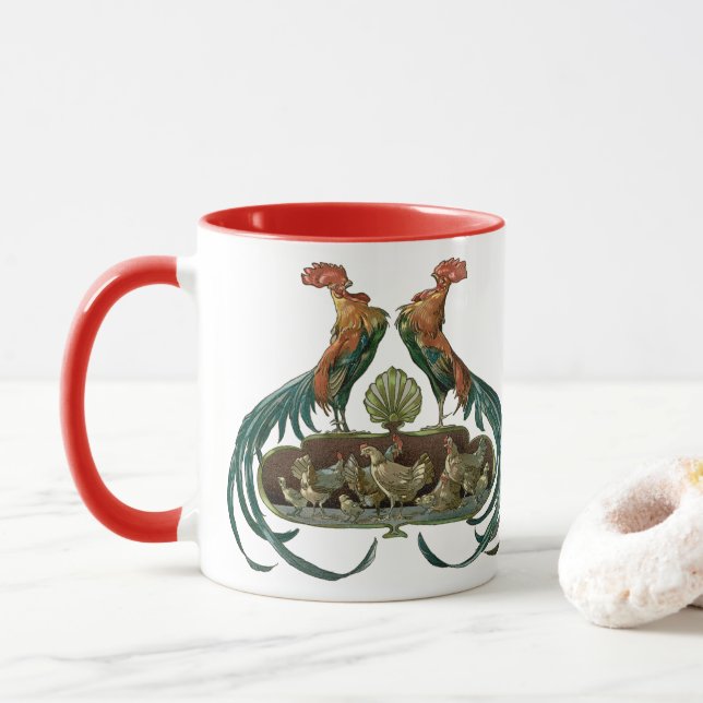 Vintage Art Nouveau Chickens and Roosters Mug (With Donut)