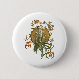 Vintage Art Nouveau, Cockatoo Bird, Orchid Flowers 2 Inch Round Button