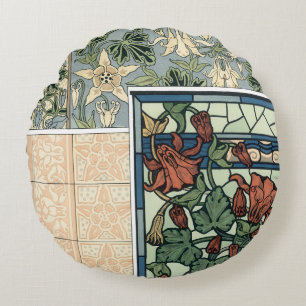 Vintage Art Nouveau, Columbine Aquilegia Flowers Round Pillow
