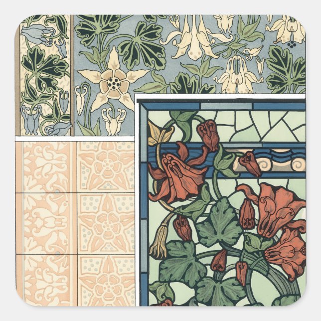 Vintage Art Nouveau, Columbine Aquilegia Flowers Square Sticker (Front)