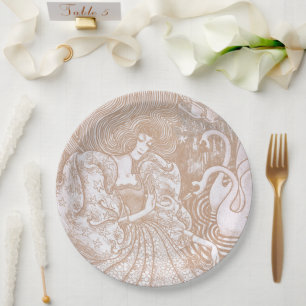 Vintage Art Nouveau Cream Floral Woman & Swans Paper Plate