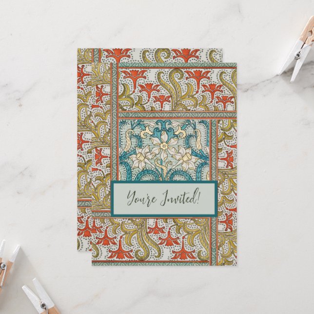 Vintage Art Nouveau Daffodil Pattern Verneuil Invitation (Front/Back In Situ)