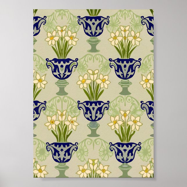 Vintage Art Nouveau Daffodil Urn Repeating Pattern Poster (Front)
