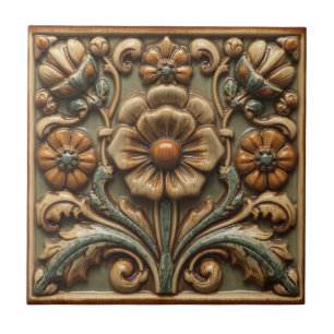 Vintage Art Nouveau Deco Majolica Floral Craftsman Tile