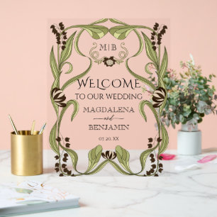 Vintage Art Nouveau Espresso Brown Floral Welcome Acrylic Sign