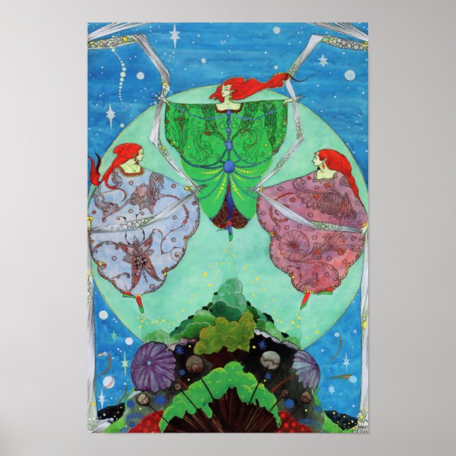 Vintage Art Nouveau Fairies Dancing In Moonlight Poster (Front)