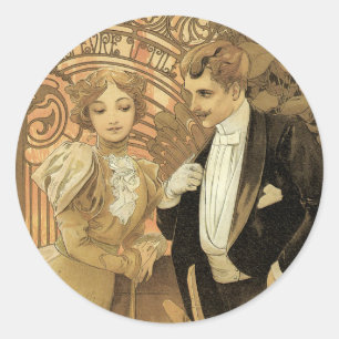 Vintage Art Nouveau Flirt Biscuits, Alphonse Mucha Classic Round Sticker