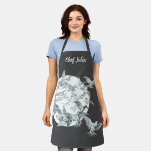 Vintage Art Nouveau Flock of Birds with Full Moon Apron