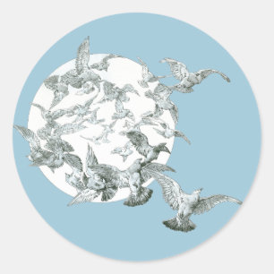 Vintage Art Nouveau Flock of Birds with Full Moon Classic Round Sticker