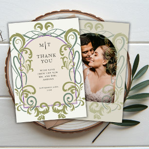 Vintage Art Nouveau Floral Photo Initials Wedding Thank You Card