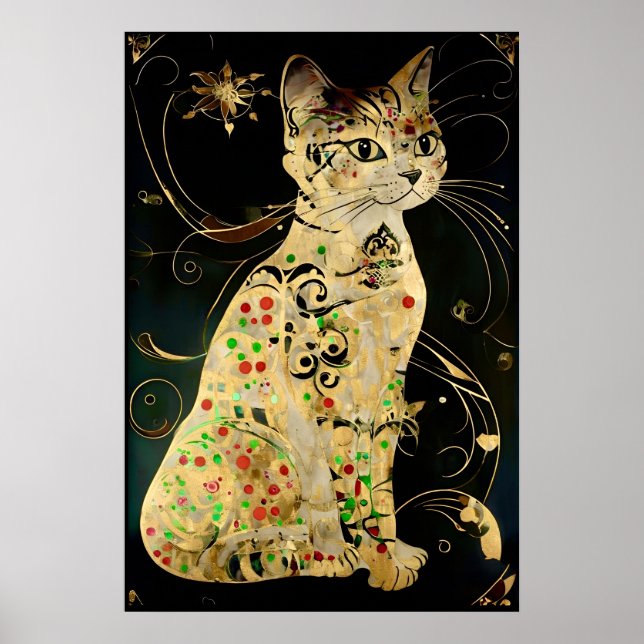Vintage Art Nouveau Golden Cat On Black Poster (Front)