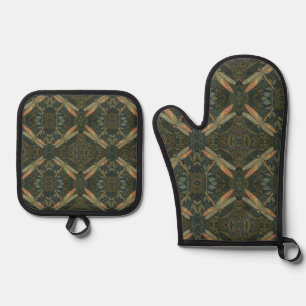 Vintage art nouveau green gold Dragonfly Oven Mitt & Pot Holder Set