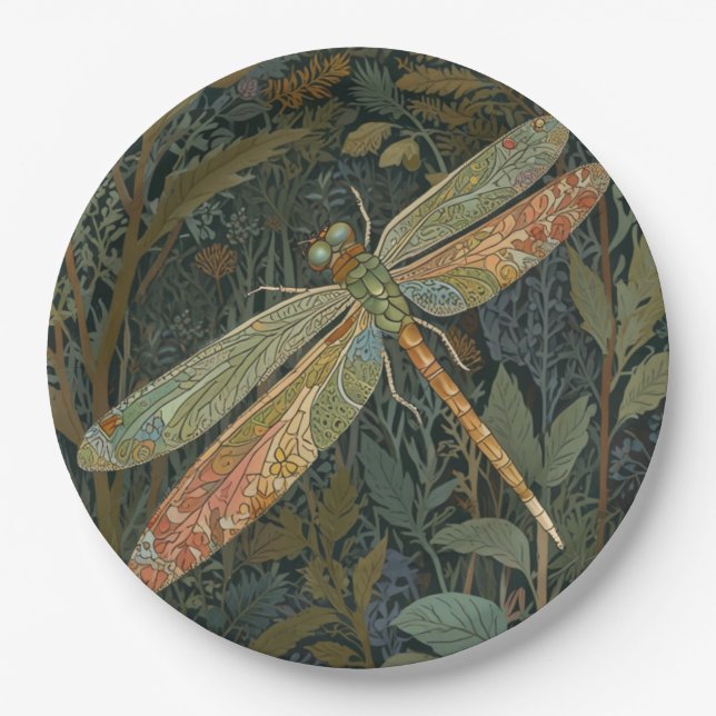 Vintage art nouveau green gold Dragonfly Paper Plate (Front)