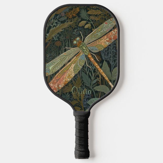 Vintage art nouveau green gold Dragonfly Pickleball Paddle (Front)