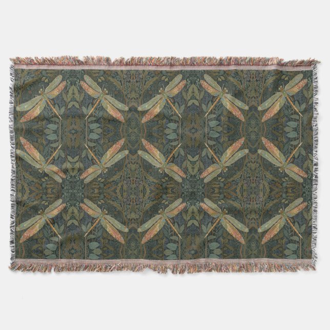 Vintage art nouveau green gold Dragonfly Throw Blanket (Front)