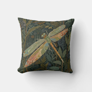 Vintage art nouveau green gold Dragonfly Throw Pillow