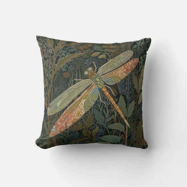 Vintage art nouveau green gold Dragonfly Throw Pillow (Front)
