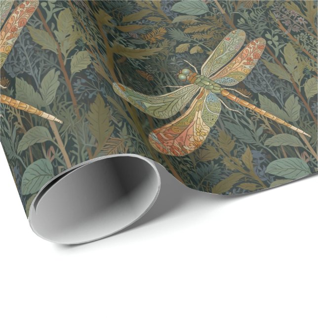 Vintage art nouveau green gold Dragonfly Wrapping Paper (Roll Corner)